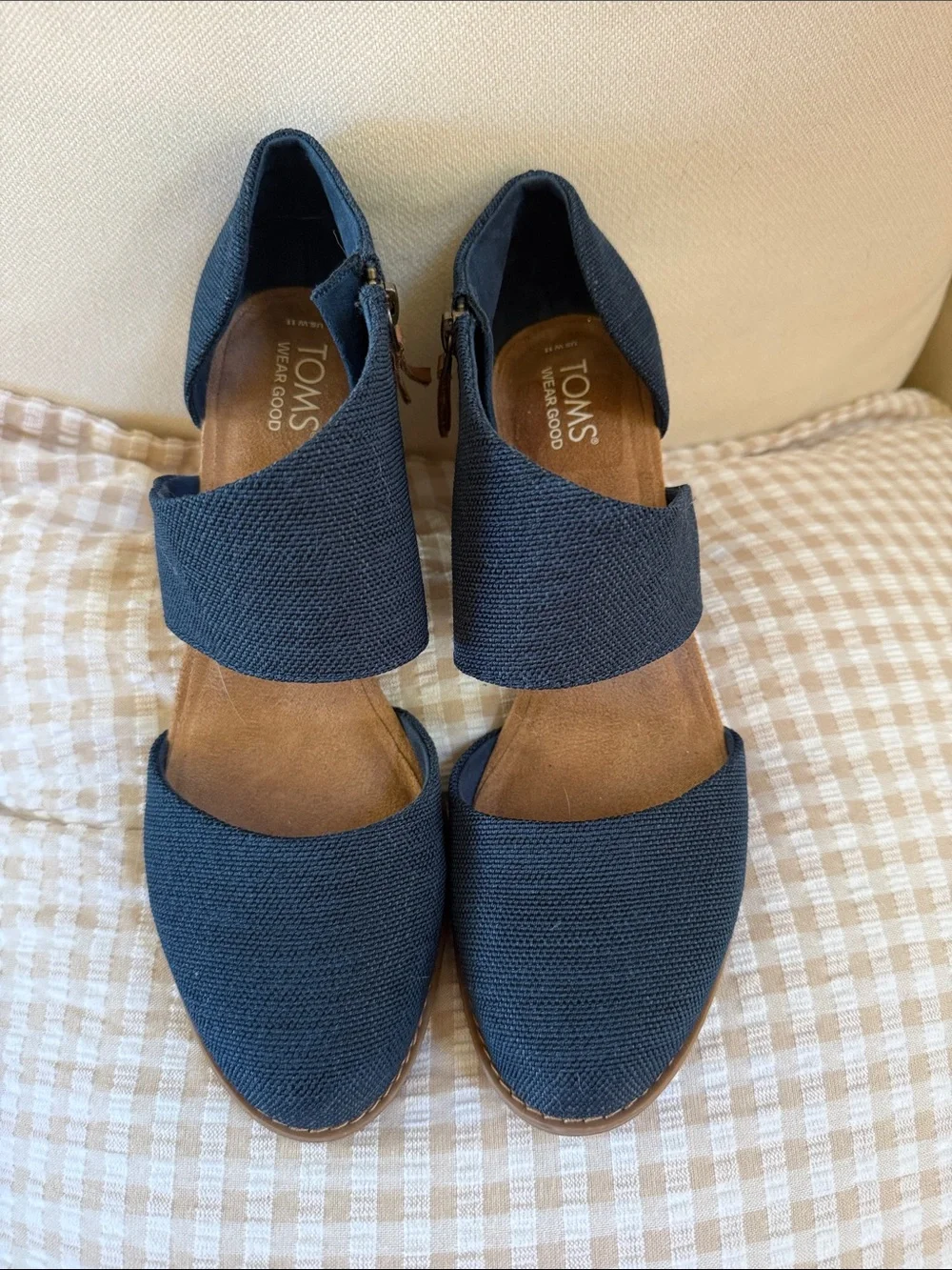 Toms Navy Blue Textured Block Heel Sandals